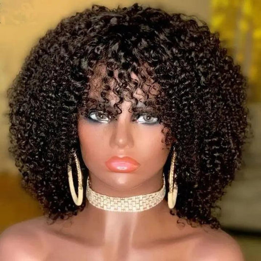 Kinky Curly Wig-Glueless Wig Short Fringe Bob With Bangs 180 Density.