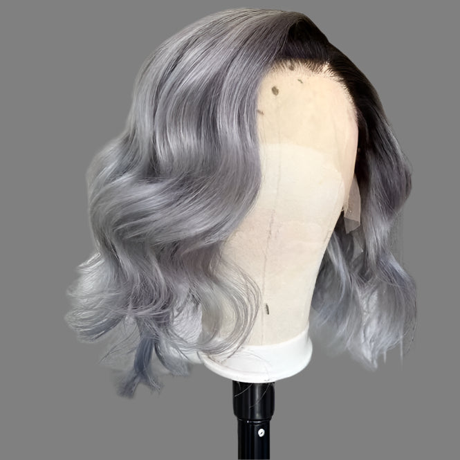 Grey Bob Lace Front Human Hair Wigs Short Pixie Cut 10 Inches