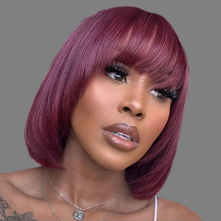 Burgundy Colored Lace Front Layered Cut Bangs Bob Wig Easy to Wear 5x5 Glueless Human Hair Wigs Layer Cut Wig With Bangs.