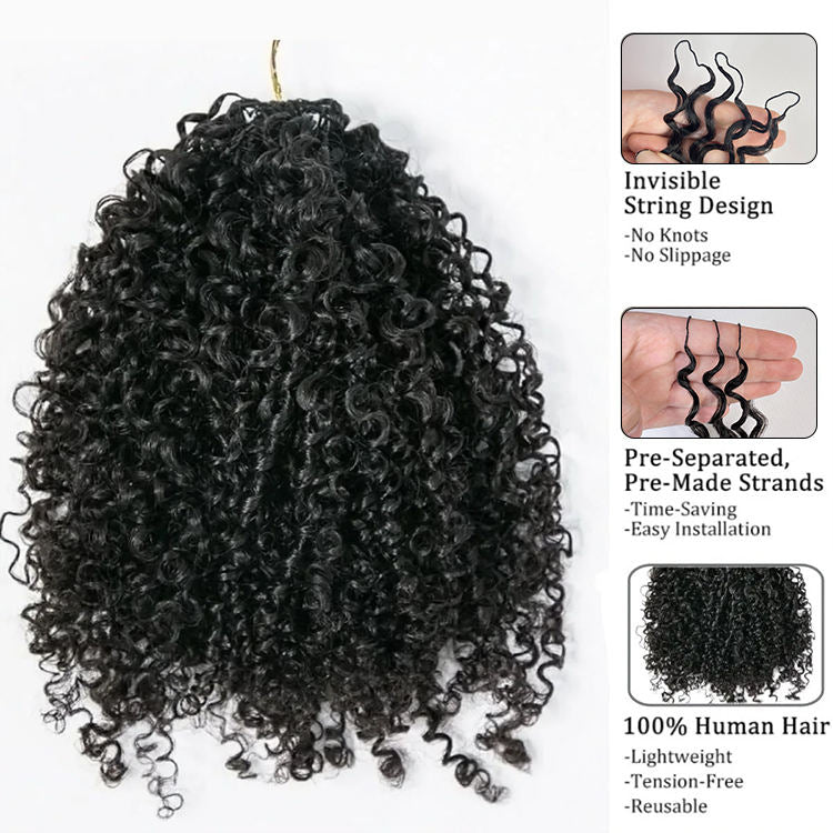 Celebrity Hair & Beauty Miracle Knots human feather crochet hair extensions in afro curly knotless style, 100g, shown in close-up image.