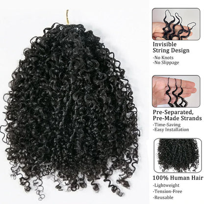 Celebrity Hair & Beauty Miracle Knots human feather crochet hair extensions in afro curly knotless style, 100g, shown in close-up image.