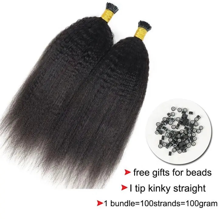 Raw Human Kinky Straight -I Tip Human Hair Extensions