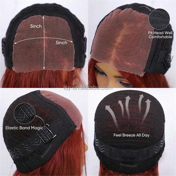 Burgundy Colored Lace Front Layered Cut Bangs Bob Wig Easy to Wear 5x5 Glueless Human Hair Wigs Layer Cut Wig With Bangs.