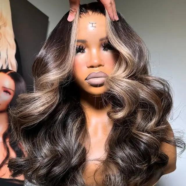 Ombre Dark Brown Body Loose Wave Vietnamese Raw Hair Wigs 5*5 Swiss Lace Glueless HD Wig 28Inch 200Density.