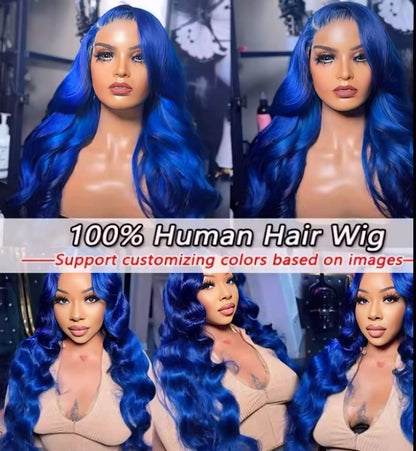 Customized colors/Blue 13x6 Human Hair HD Lace Frontal wigs.