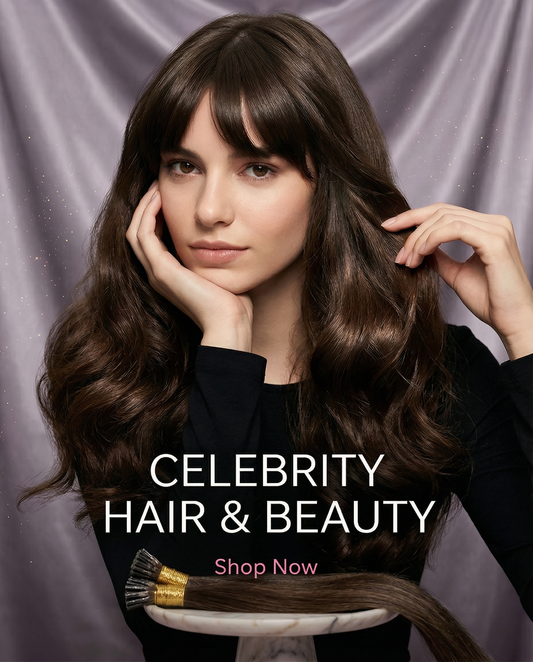 Model with long, wavy #8 light brown I-tip Remy human hair extensions (100g bundle).