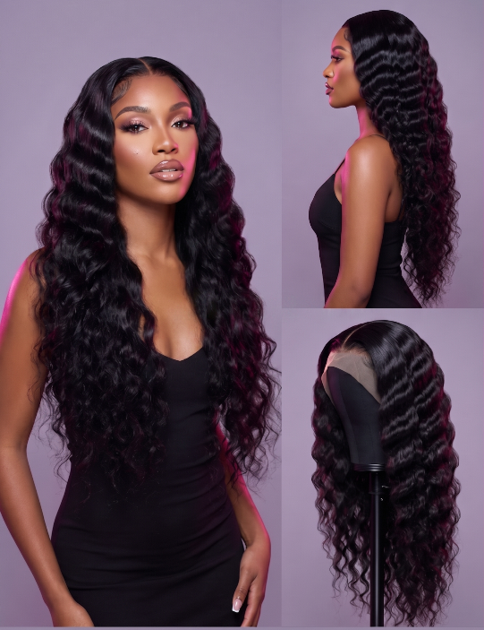 Deep wave Cambodian virgin human hair wig with transparent lace, 13x4 frontal, styled for a natural look, by Celebrity Hair & Beauty.