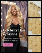 12A premium raw Indian 613 blonde body-wave hair bundles on a model; collage shows hair wefts.