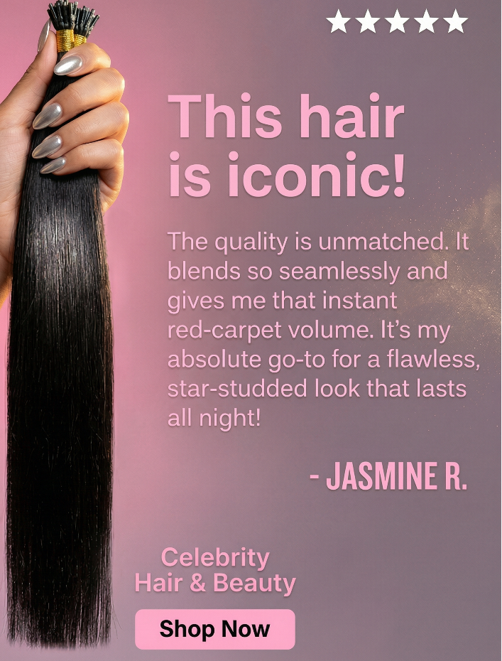 Straight natural Remy human hair extensions in shade #1B Natural Black by Celebrity Hair & Beauty, displayed in a neat bundle.