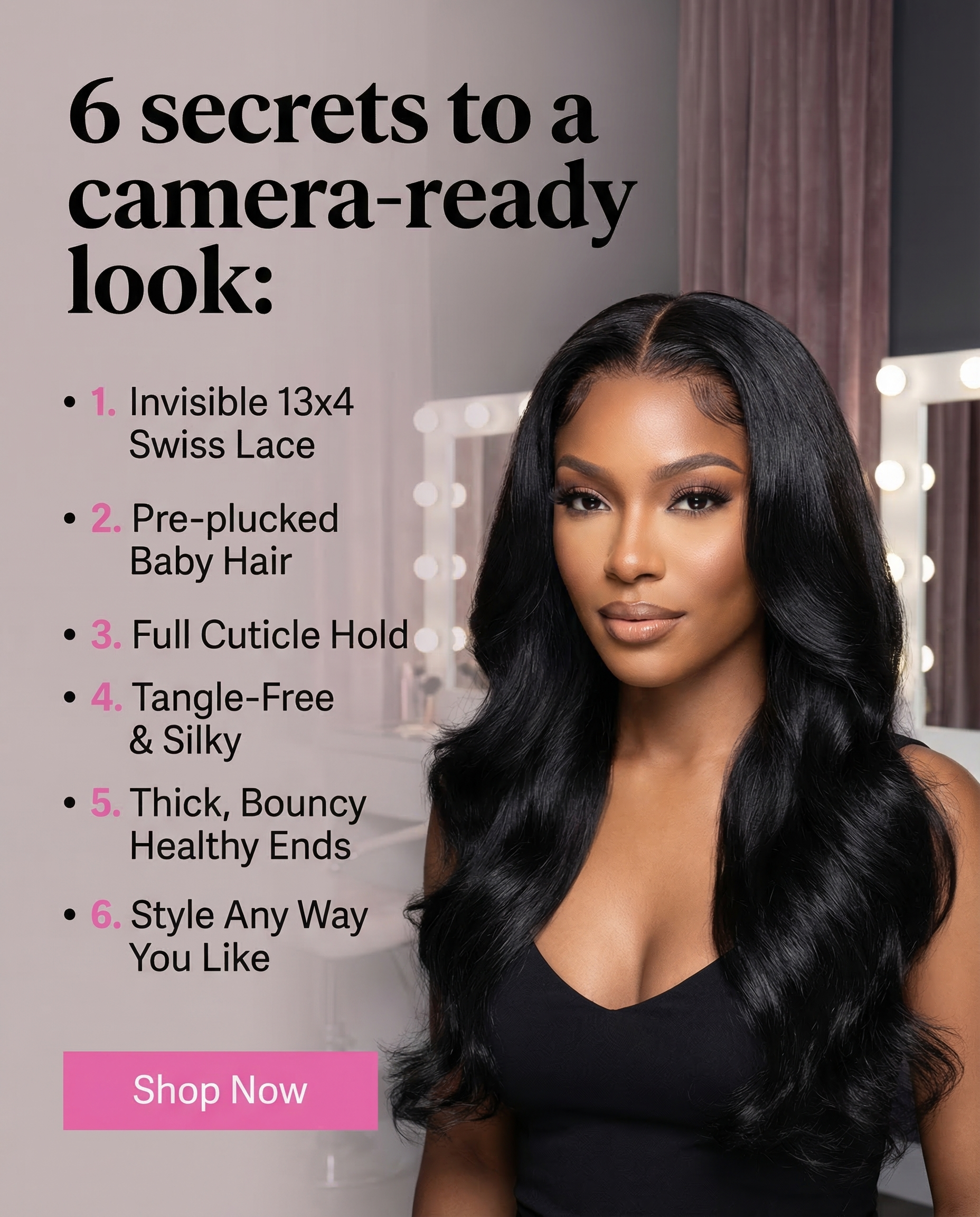 Model with long glossy body-wave hair wearing Body Wave HD Lace Free Parted Closures 12A Human Hair