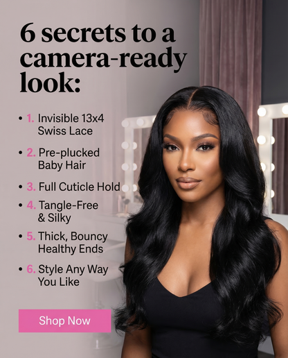 Model with long glossy body-wave hair wearing Body Wave HD Lace Free Parted Closures 12A Human Hair