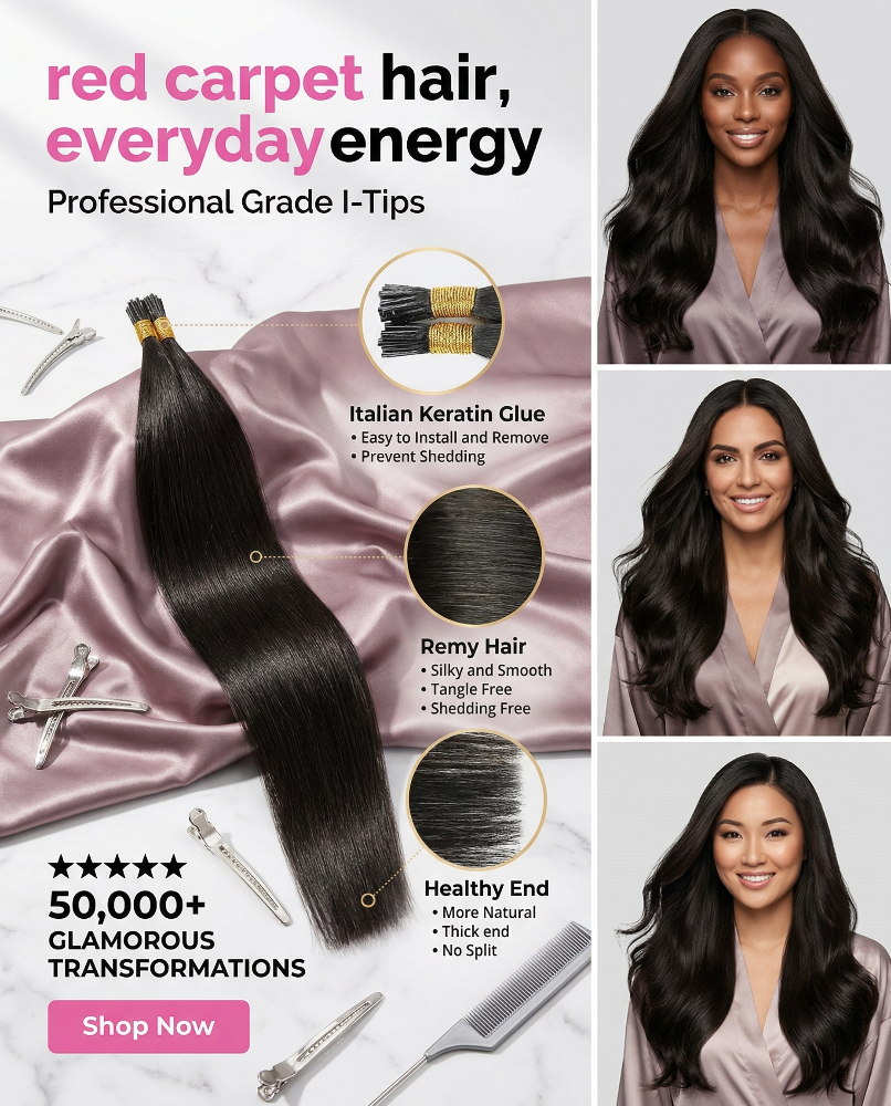 Celebrity Hair & Beauty I Tip straight Remy human hair extensions in natural black (#1B), displayed on a white background.