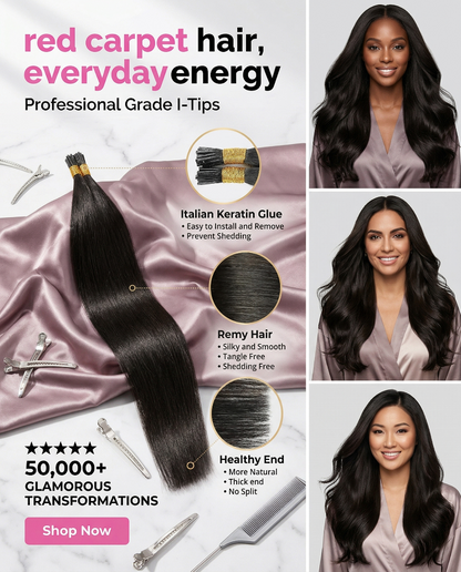Celebrity Hair & Beauty I Tip straight Remy human hair extensions in natural black (#1B), displayed on a white background.