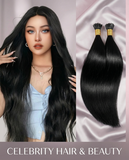 Straight natural black Remy human hair I Tip extensions by Celebrity Hair & Beauty, showcasing the sleek, seamless extensions.