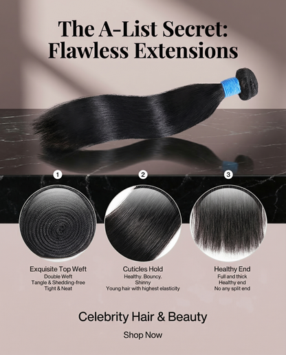 Straight Brazilian 100% Virgin Hair Bundles 10-30 Inch for a luxurious, flawless style.