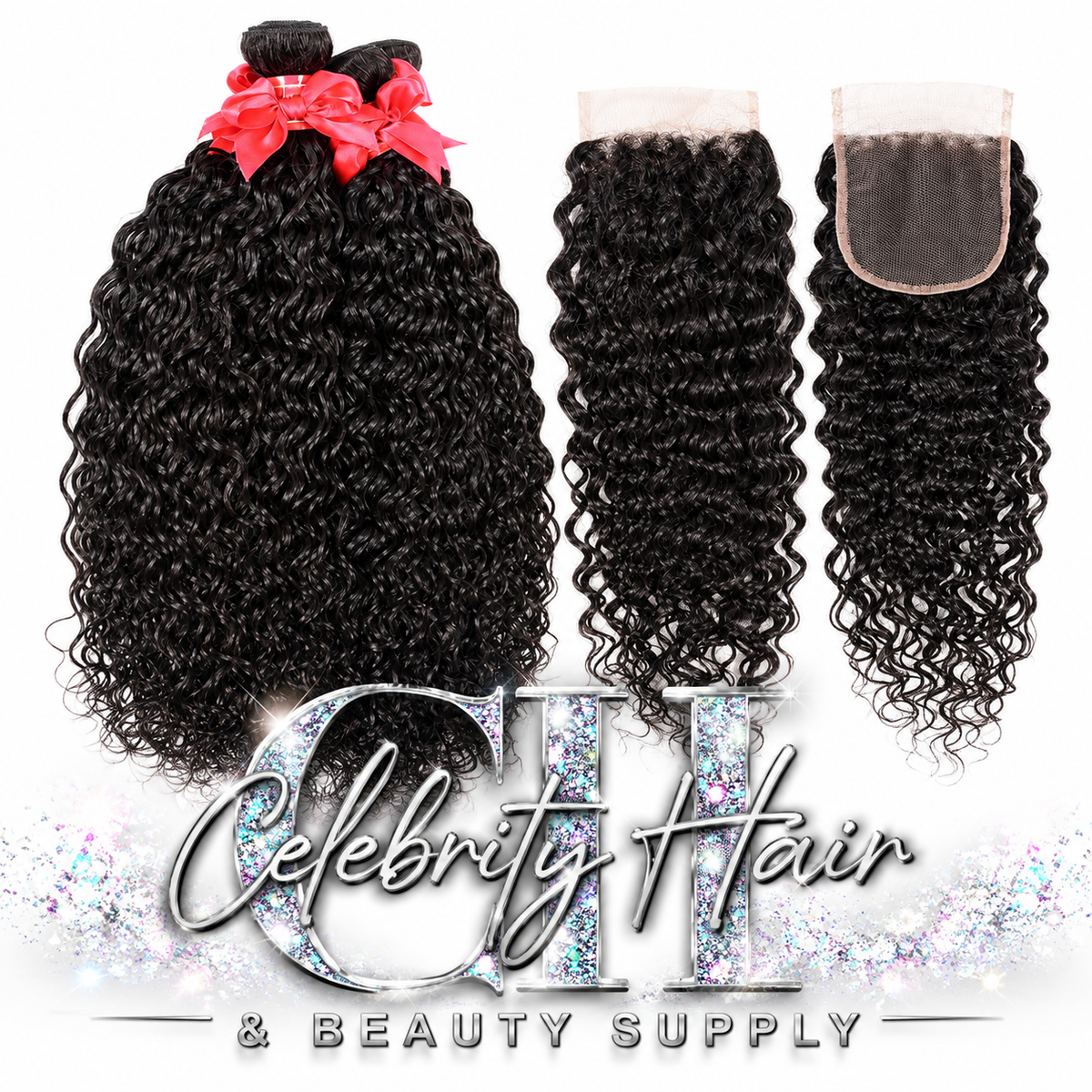 10A Water Wave Bundles with Closure (16 18 20 +14) Wet and Wavy Virgin Human Hair with 4x4 Lace Closure
