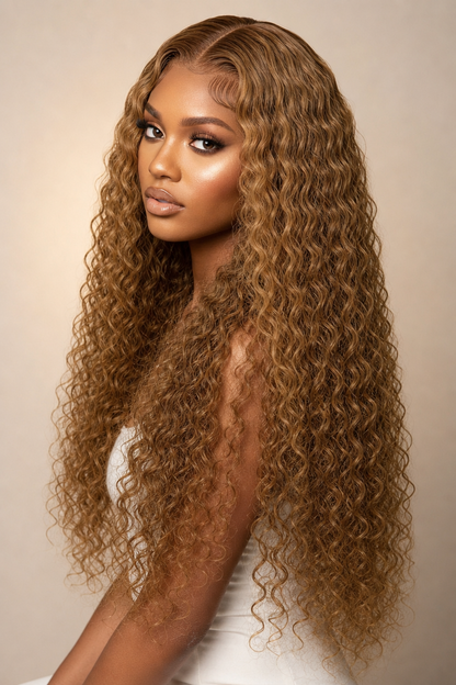 Deep wave honey blonde bundle with closure from Celebrity Hair & Beauty, showing textured, glossy hair extensions and lace closure.