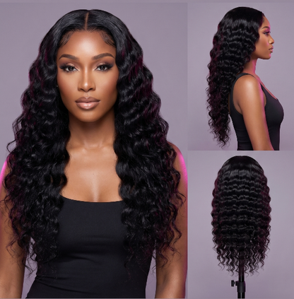 Deep wave Cambodian virgin human hair wig with transparent lace, 13x4 frontal, styled with natural waves, by Celebrity Hair & Beauty