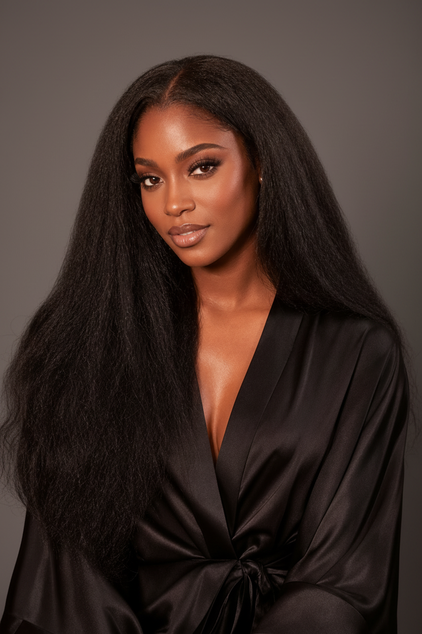 Woman with long kinky straight K Tip bundles hair extensions in a black satin robe, Raw Kinky Straight K Tip Bundles