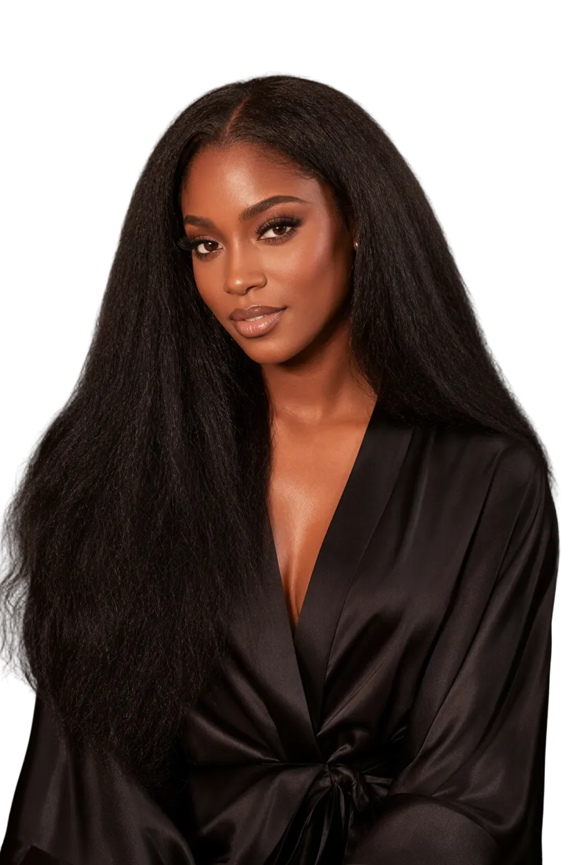 Woman with long kinky straight K Tip bundles hair extensions in a black satin robe, Raw Kinky Straight K Tip Bundles