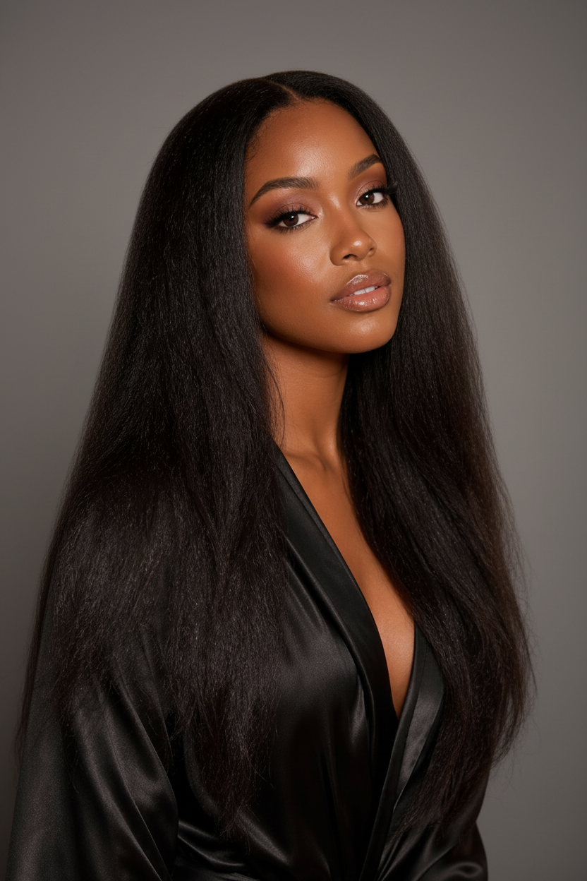 Raw Kinky Straight K Tip Bundles on a model with long, sleek black hair in a satin robe.