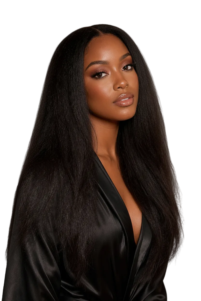 Raw Kinky Straight K Tip Bundles on a model with long, sleek black hair in a satin robe.