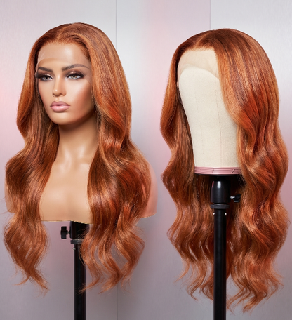 Celebrity Hair & Beauty body wave wig with 210% density, 13x6 HD lace frontal, in orange and ginger color extensions.