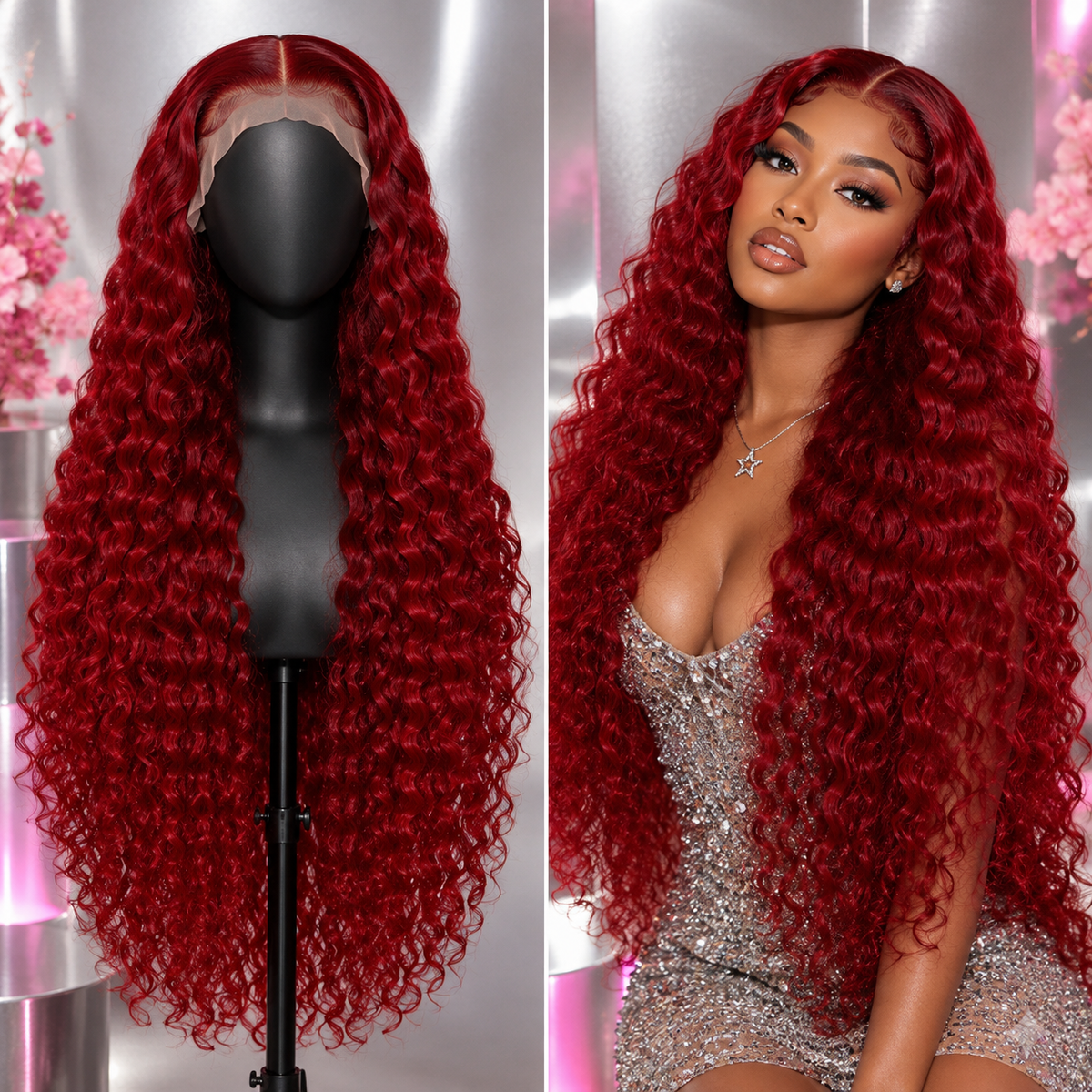 Red Deep Wave Human Hair Wig 28 Inch 13x4 Transparent Lace Front