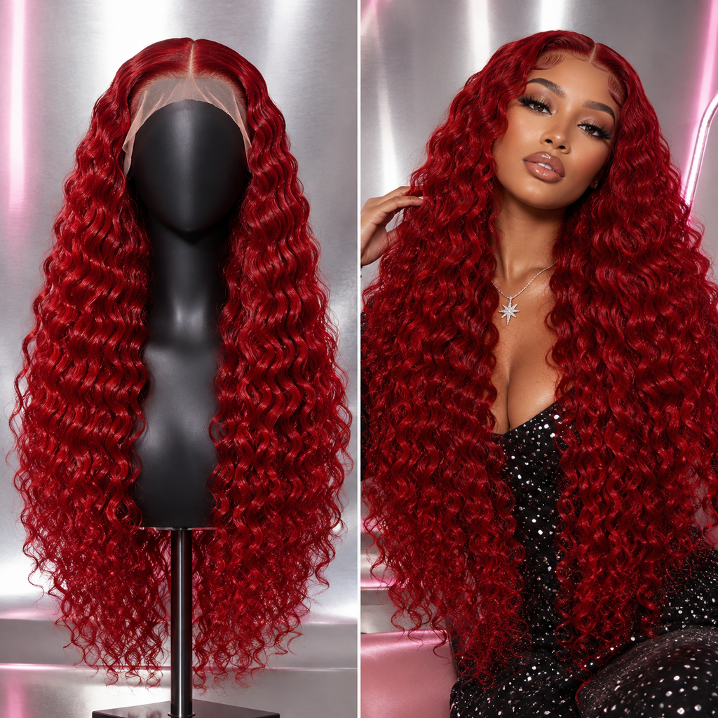 Red Deep Wave Human Hair Wig 28 Inch 13x4 Transparent Lace Front