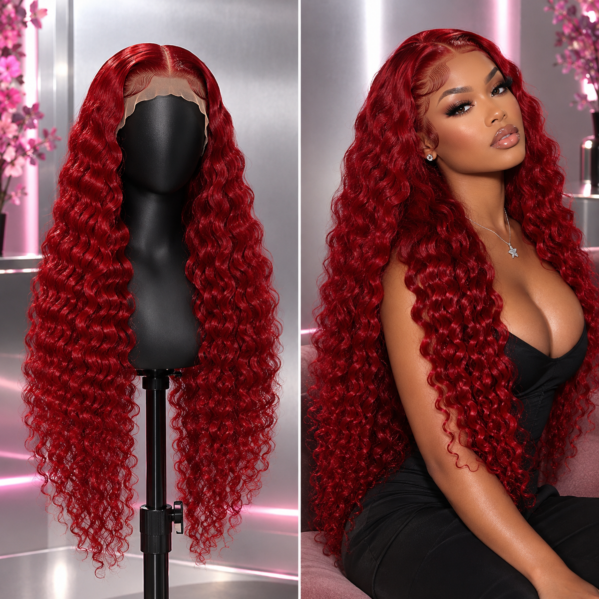 Red Deep Wave Human Hair Wig 28 Inch 13x4 Transparent Lace Front