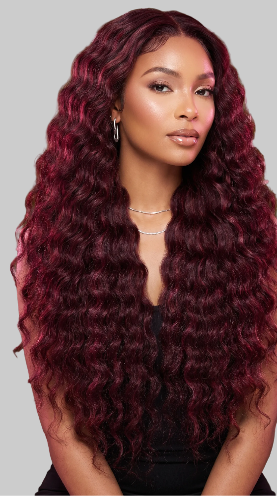 Deep Wave HD frontal wig by Celebrity Hair & Beauty with pre-plucked, knotless design in 200 density, shown on a mannequin.