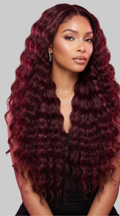 Deep Wave HD frontal wig by Celebrity Hair & Beauty with pre-plucked, knotless design in 200 density, shown on a mannequin.