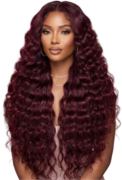 Deep Wave 200 Density HD frontal wig by Celebrity Hair & Beauty, pre-plucked knotless design with natural deep wave texture.