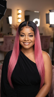 Ombre pink straight wig with 180% density HD lace, 18-40 inch length, by Celebrity Hair & Beauty, shown on a mannequin head