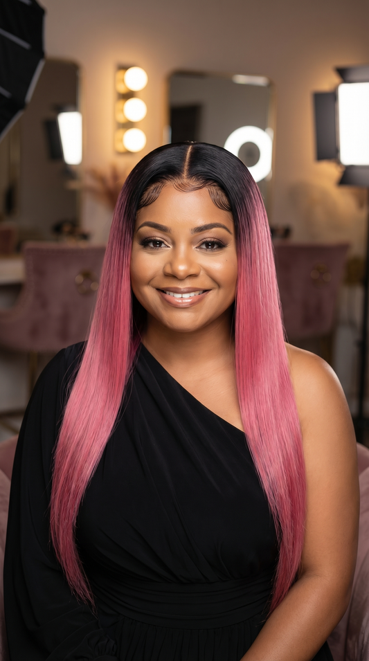 Ombre pink straight wig with 180% density HD lace, 18-40 inch length, by Celebrity Hair & Beauty, shown on a mannequin head