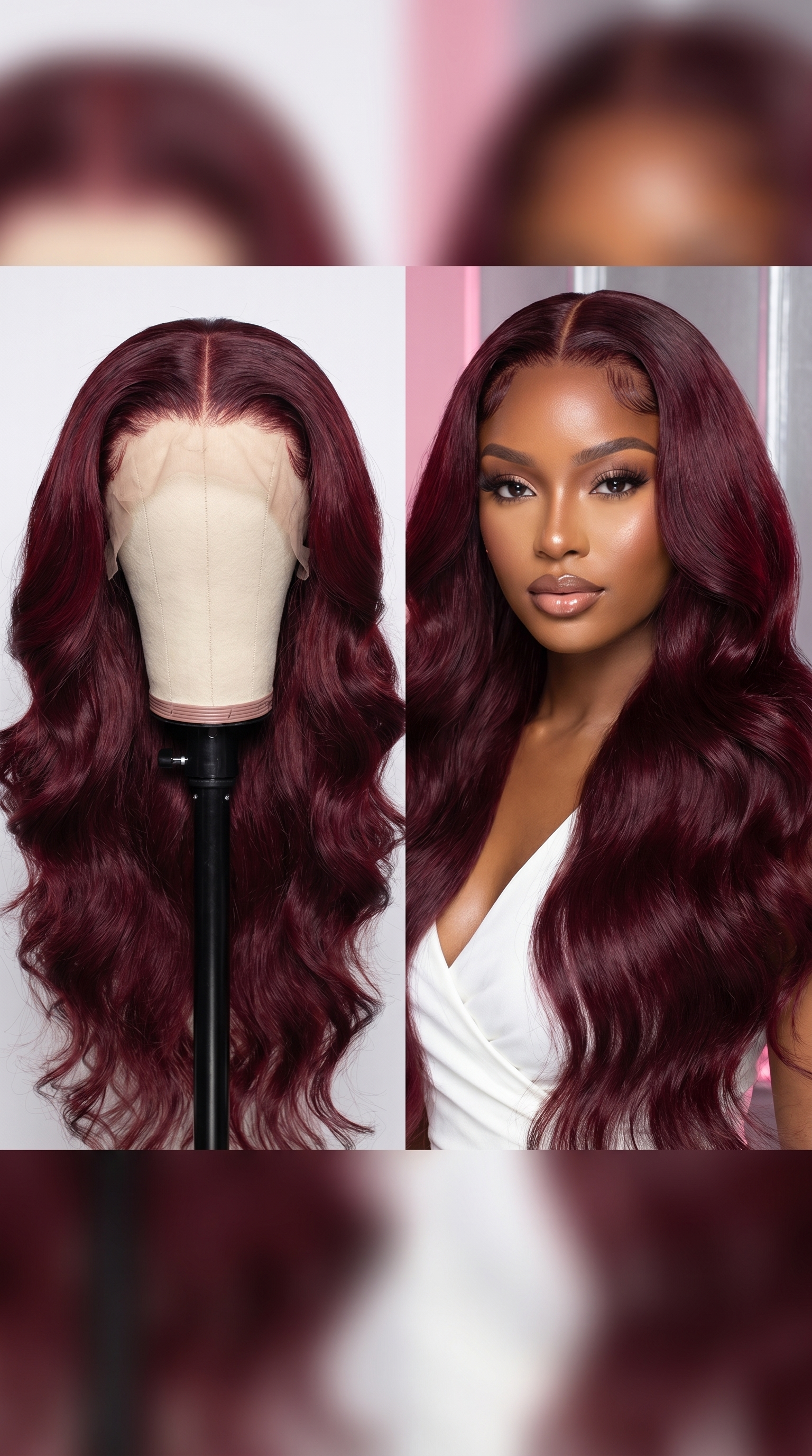 Celebrity Hair & Beauty Body Wave Wig with 210% density, 13x6 HD lace frontal in burgundy color, extensions on a mannequin head.