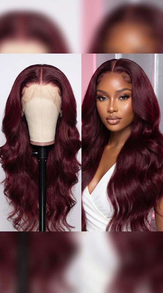 Celebrity Hair & Beauty Body Wave Wig with 210% density, 13x6 HD lace frontal in burgundy color, extensions on a mannequin head.