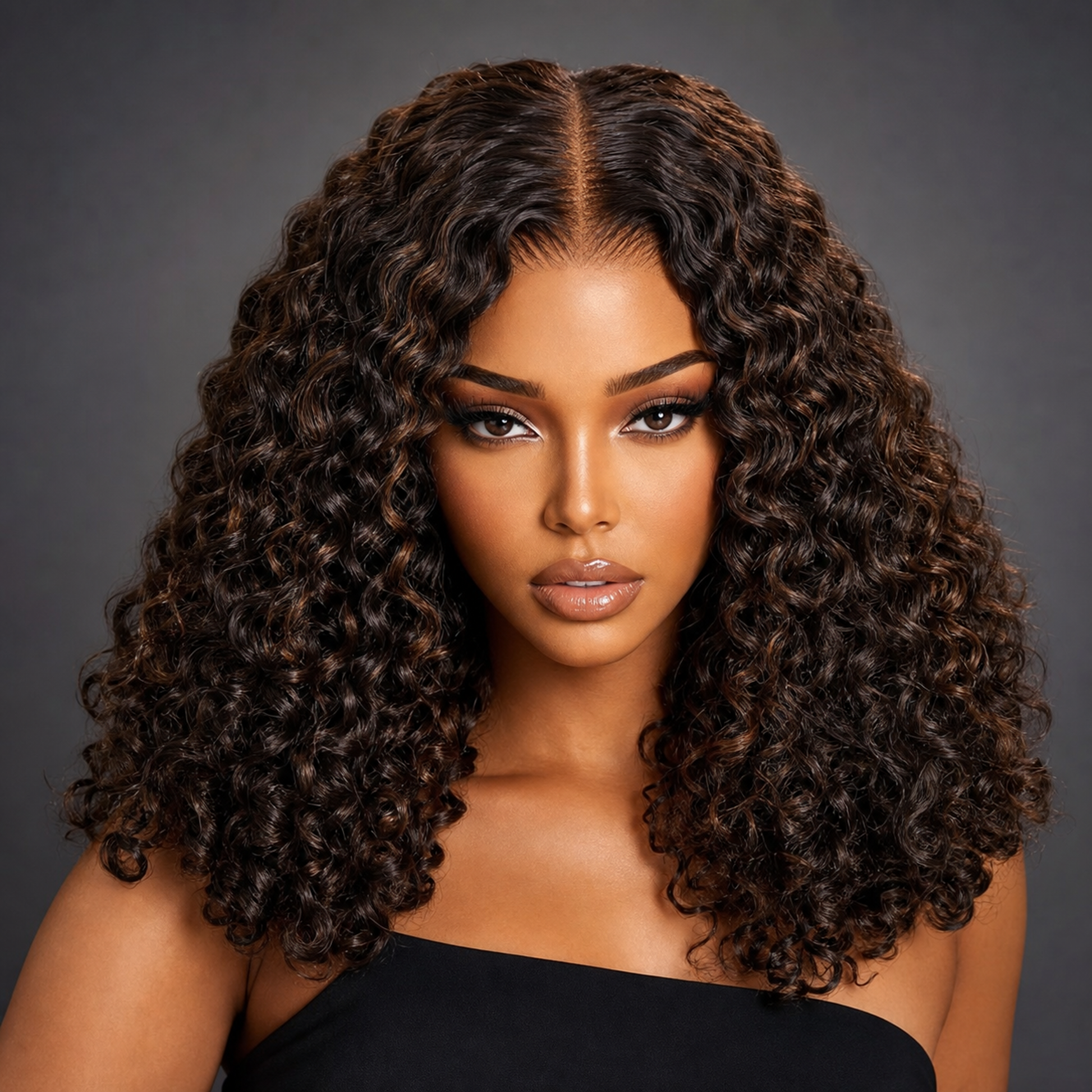 Premium Burmese curly hair bundles with 4/30 highlights on a model's glossy, defined curls