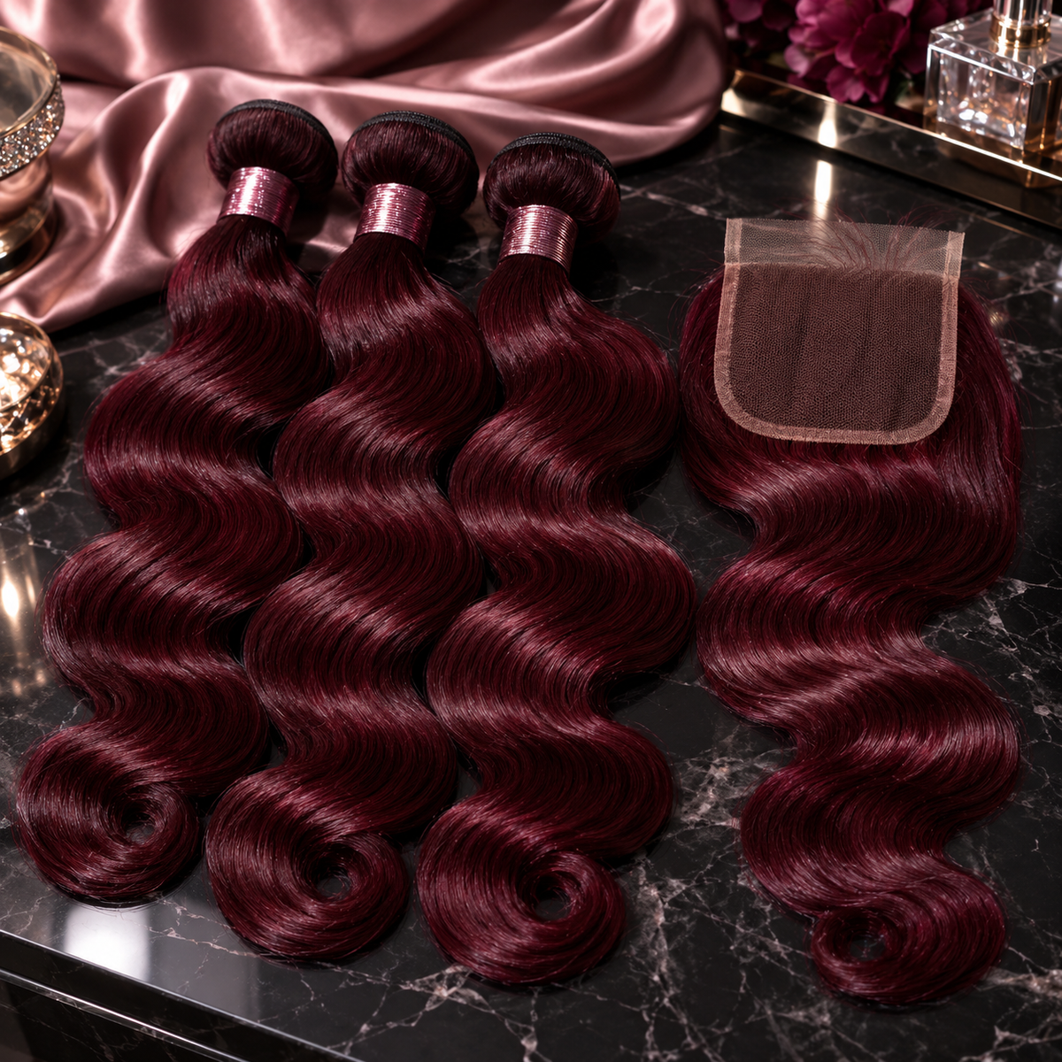 Burgundy Bundles Human Hair with  4x4 Free Part Swiss Lace Closure Pre Plucked