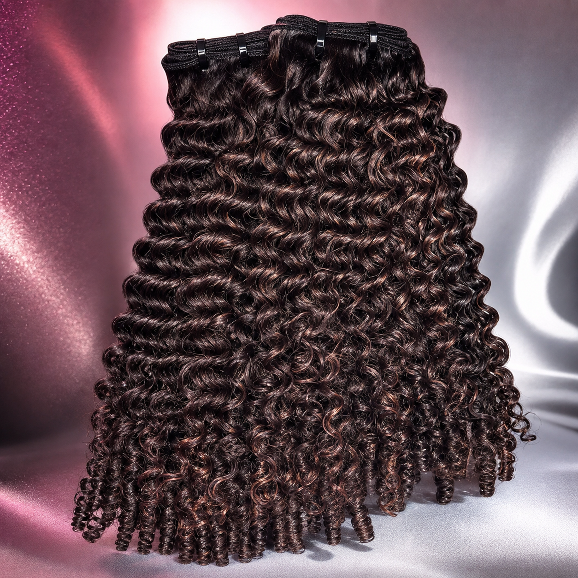 Premium Burmese Curly Hair Bundles With 4/30 Highlights: lush, voluminous deep brown curls.
