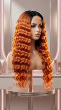 Brazilian Remy human hair extensions with ginger and orange lace front deep wave, pre-plucked for a natural look by Celebrity Hair & Beauty.
