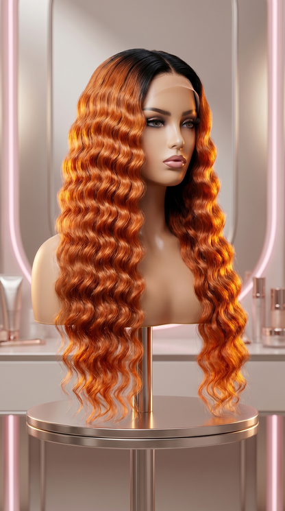 Brazilian Remy human hair extensions with ginger and orange lace front deep wave, pre-plucked for a natural look by Celebrity Hair & Beauty.