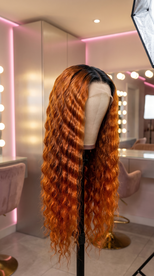 Brazilian Remy human hair lace front extensions in ginger and orange deep wave, pre-plucked for a natural look from Celebrity Hair & Beauty.