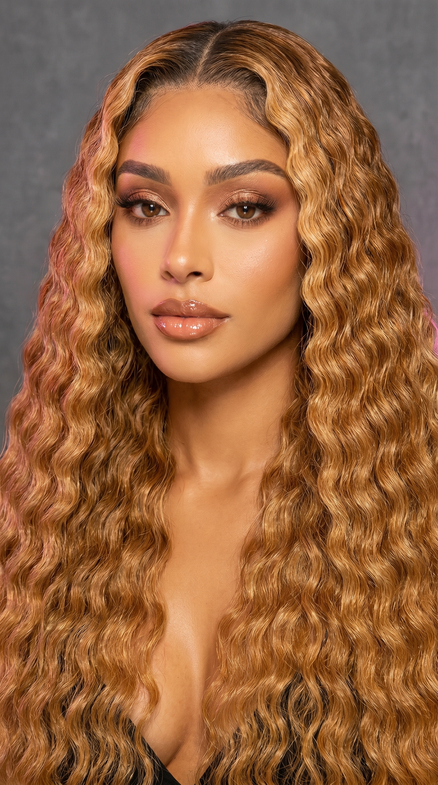Celebrity Hair & Beauty deep wave lace front wig with pre-plucked Brazilian Remy human hair, showcasing the textured, natural-looking extensions.