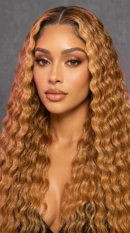 Celebrity Hair & Beauty deep wave lace front wig with pre-plucked Brazilian Remy human hair, showcasing the textured, natural-looking extensions.