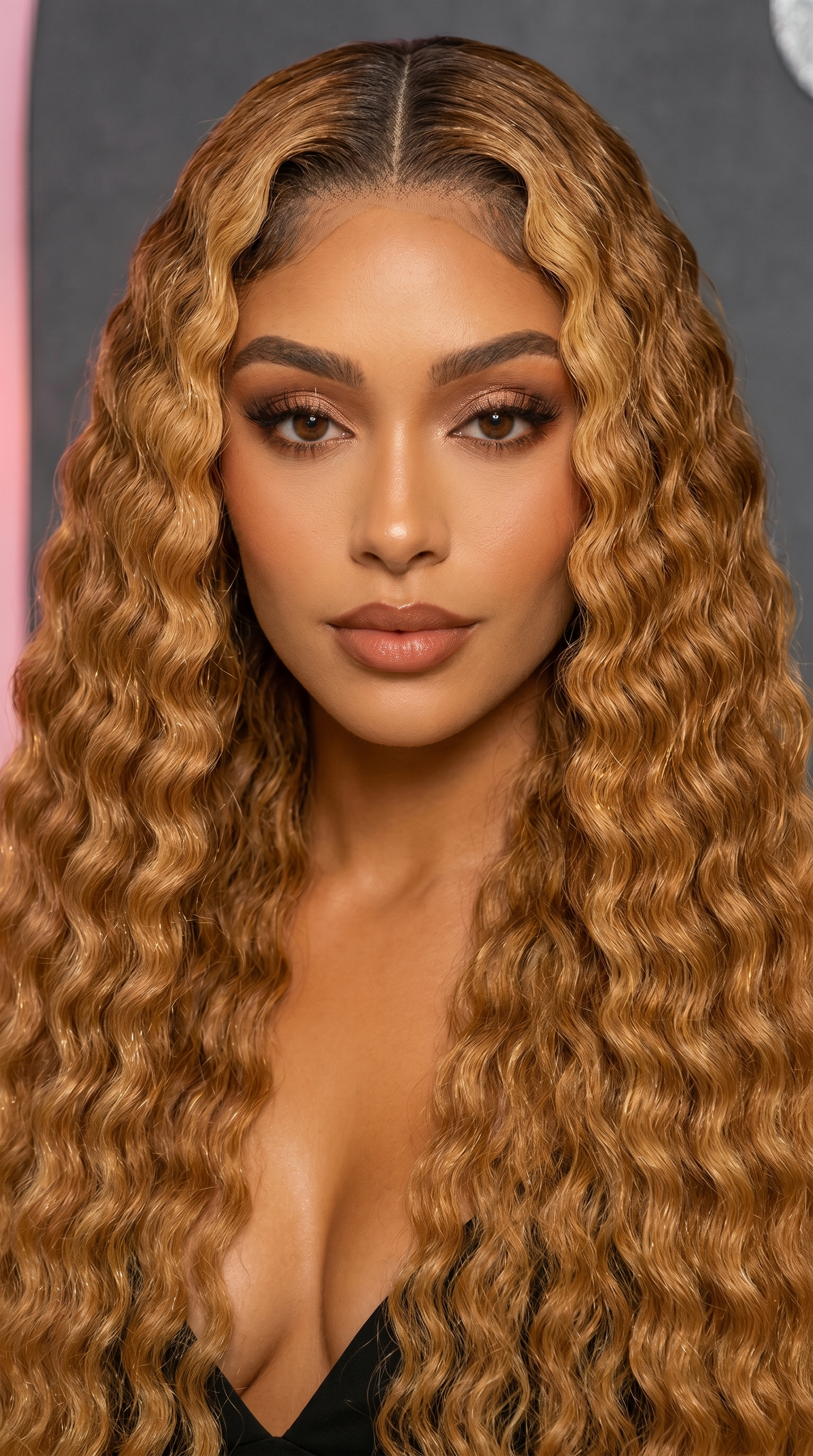 Celebrity Hair & Beauty deep wave lace front wig with pre-plucked Brazilian Remy human hair, showcasing natural wave pattern and lace front design.