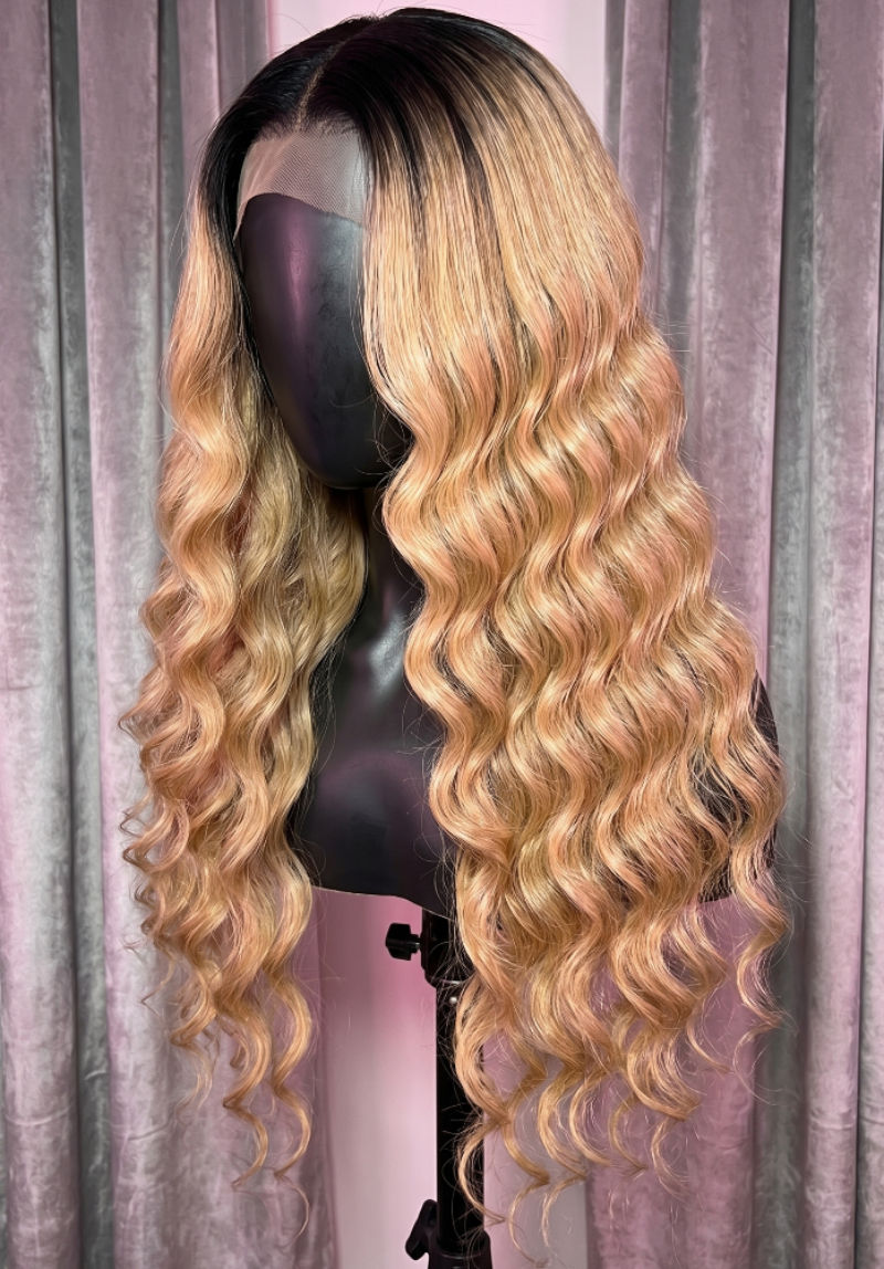Deep wave Brazilian Remy human hair wig by Celebrity Hair & Beauty, pre-plucked, 4/613 blonde extension showing textured waves