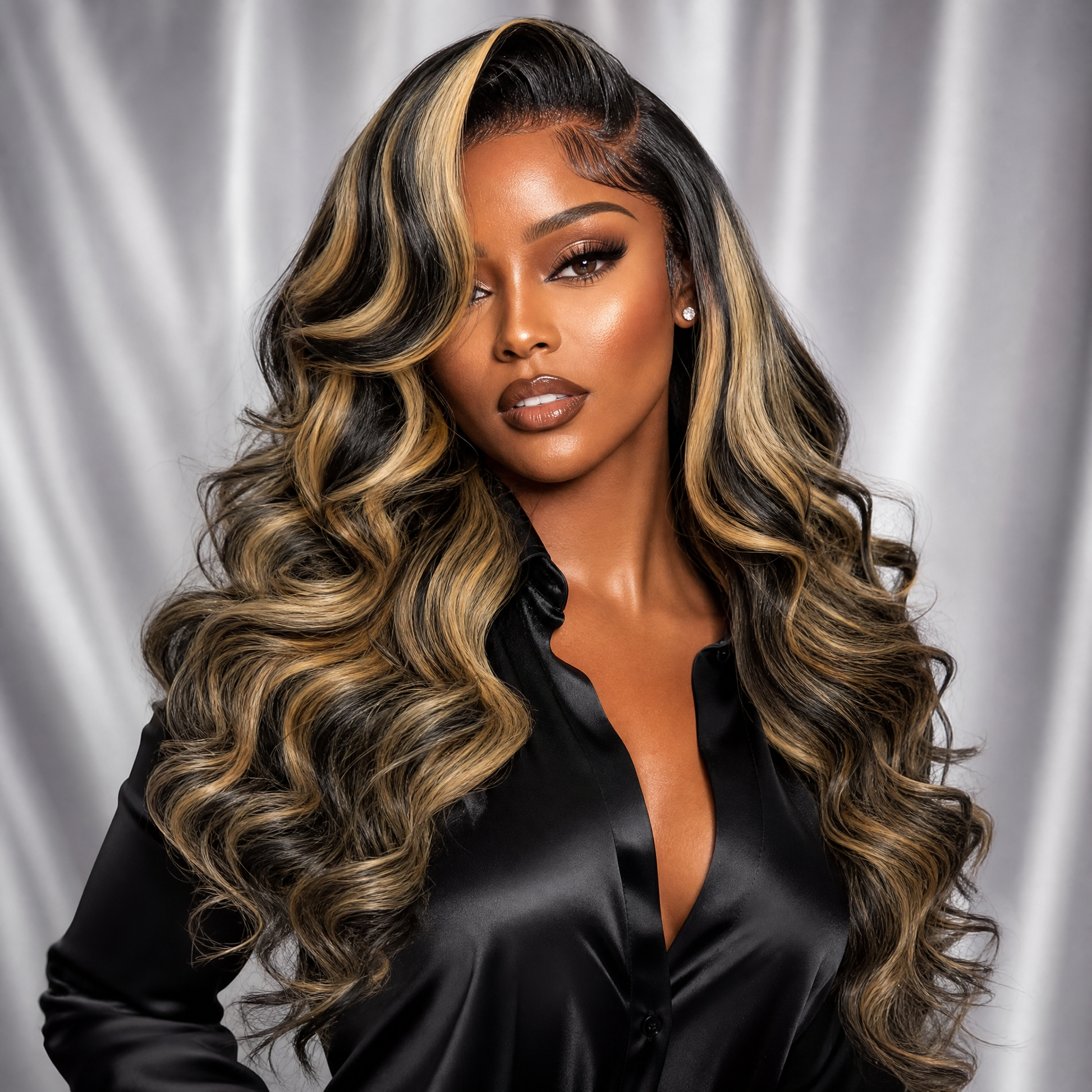 Woman wearing a long 36-inch loose-curl wig with black base and golden blonde highlights, HD lace 13x6.