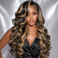 Loose Curl 36" wig, black base with golden blonde highlights, 1b/27, HD lace 13x6 worn by model