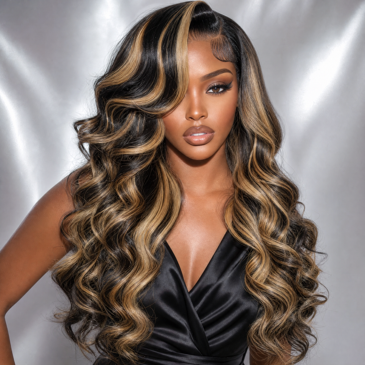Loose Curl 36" wig, black base with golden blonde highlights, 1b/27, HD lace 13x6 worn by model